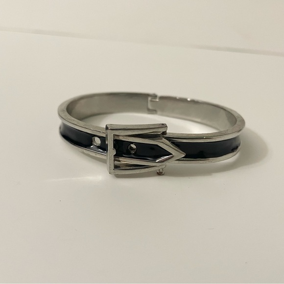 Adjustable Belt Black & Silver Enamel Paint Metal Hinged Bangle Bracelet - Picture 7 of 13